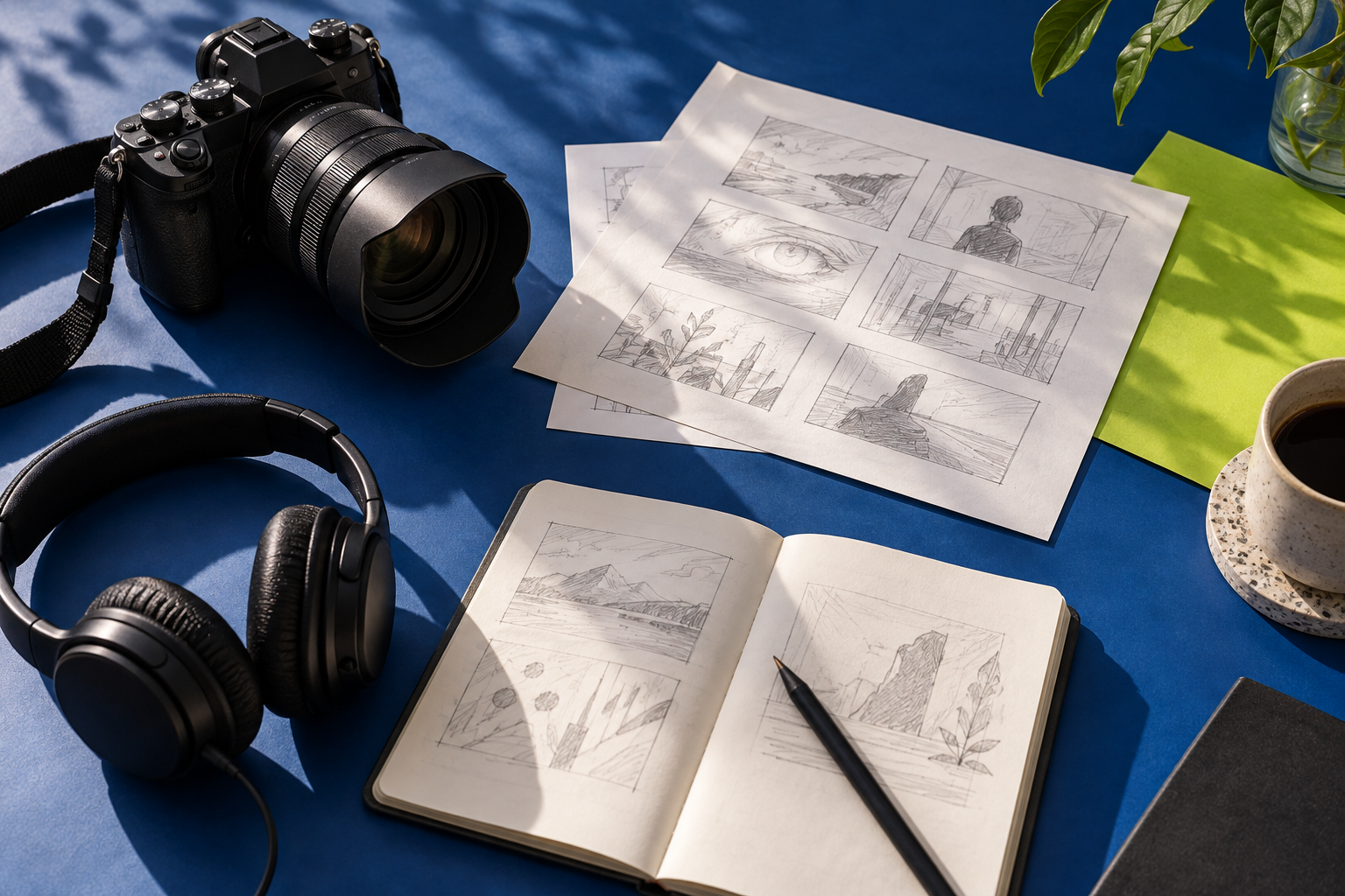 Conceptual still life of a camera, storyboard sketches and headphones